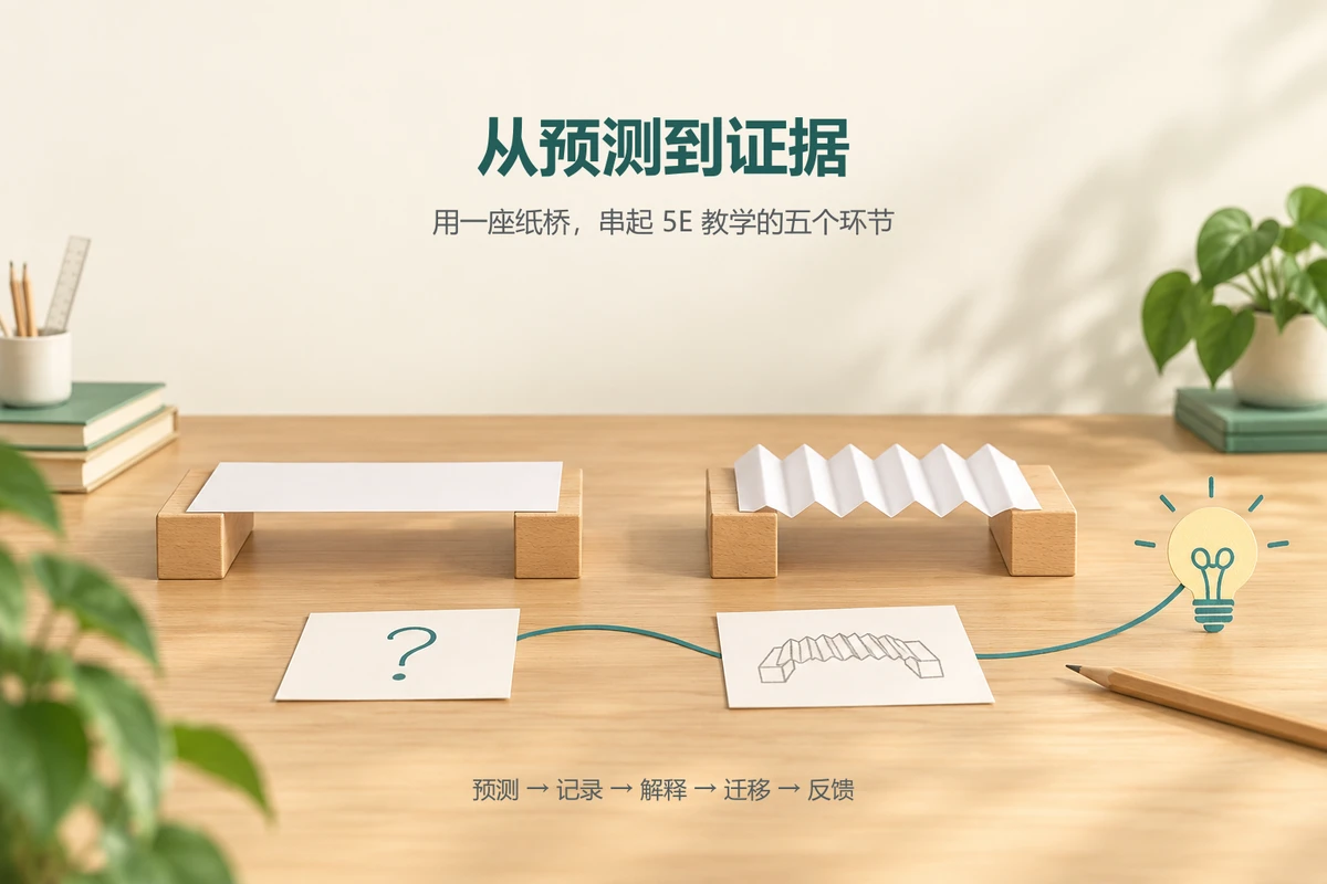 平铺与折叠纸桥连接预测卡和观察记录，呈现5E教学从问题到证据的过程