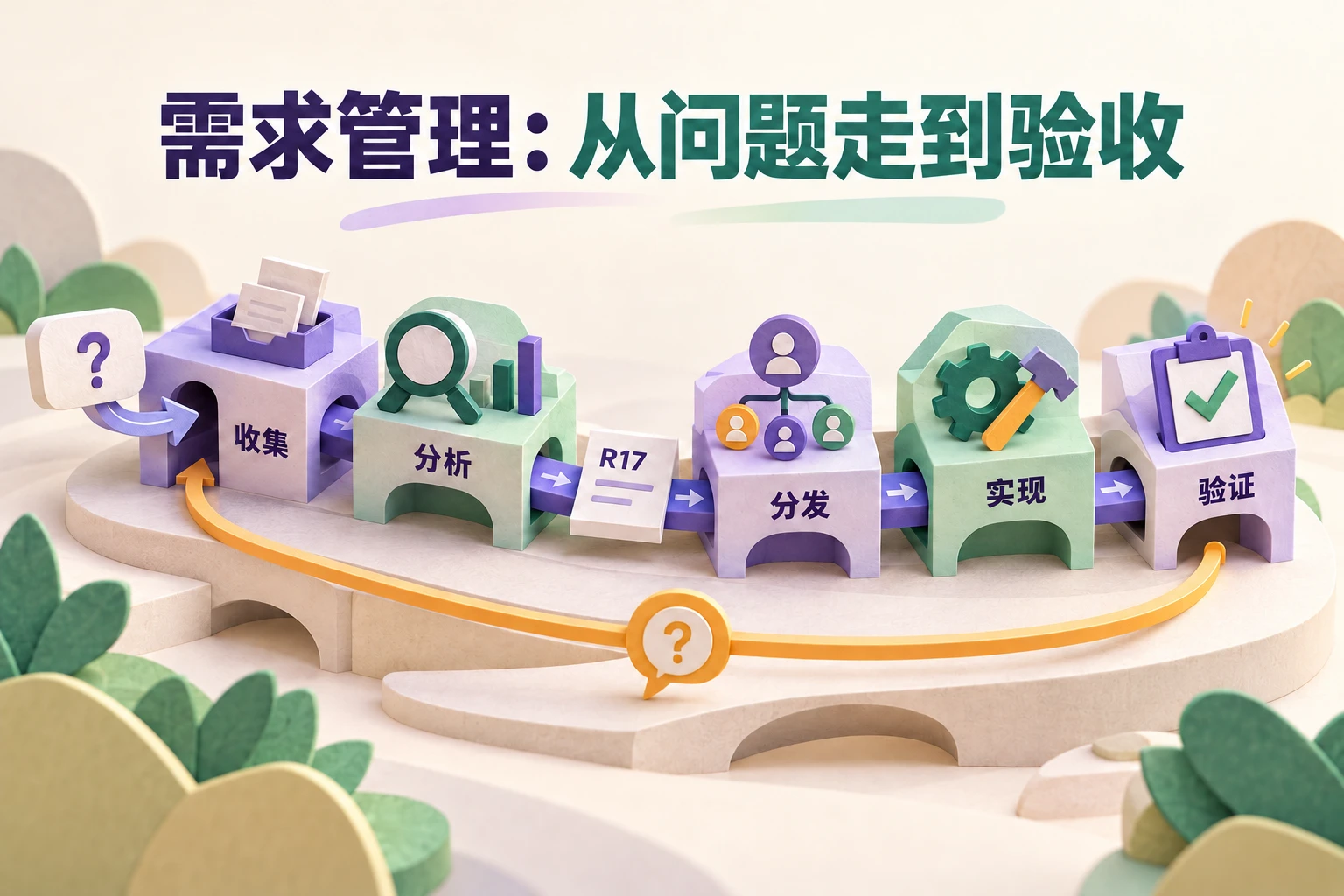 需求R17经过收集、分析、分发、实现和验证，未解决问题沿回路线继续澄清
