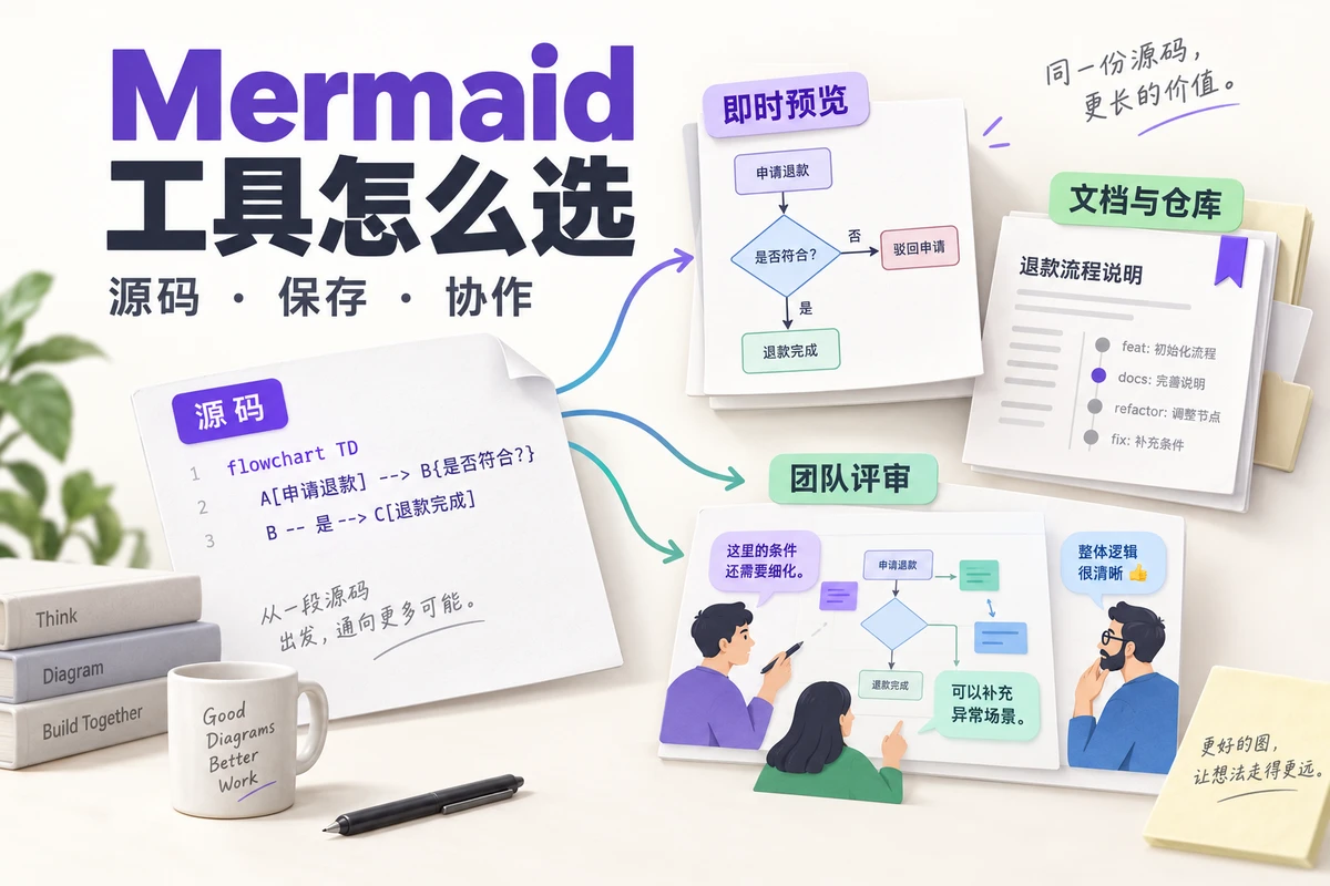 Mermaid源码分别进入即时预览、文档仓库和团队画布，按保存与协作任务选择工具