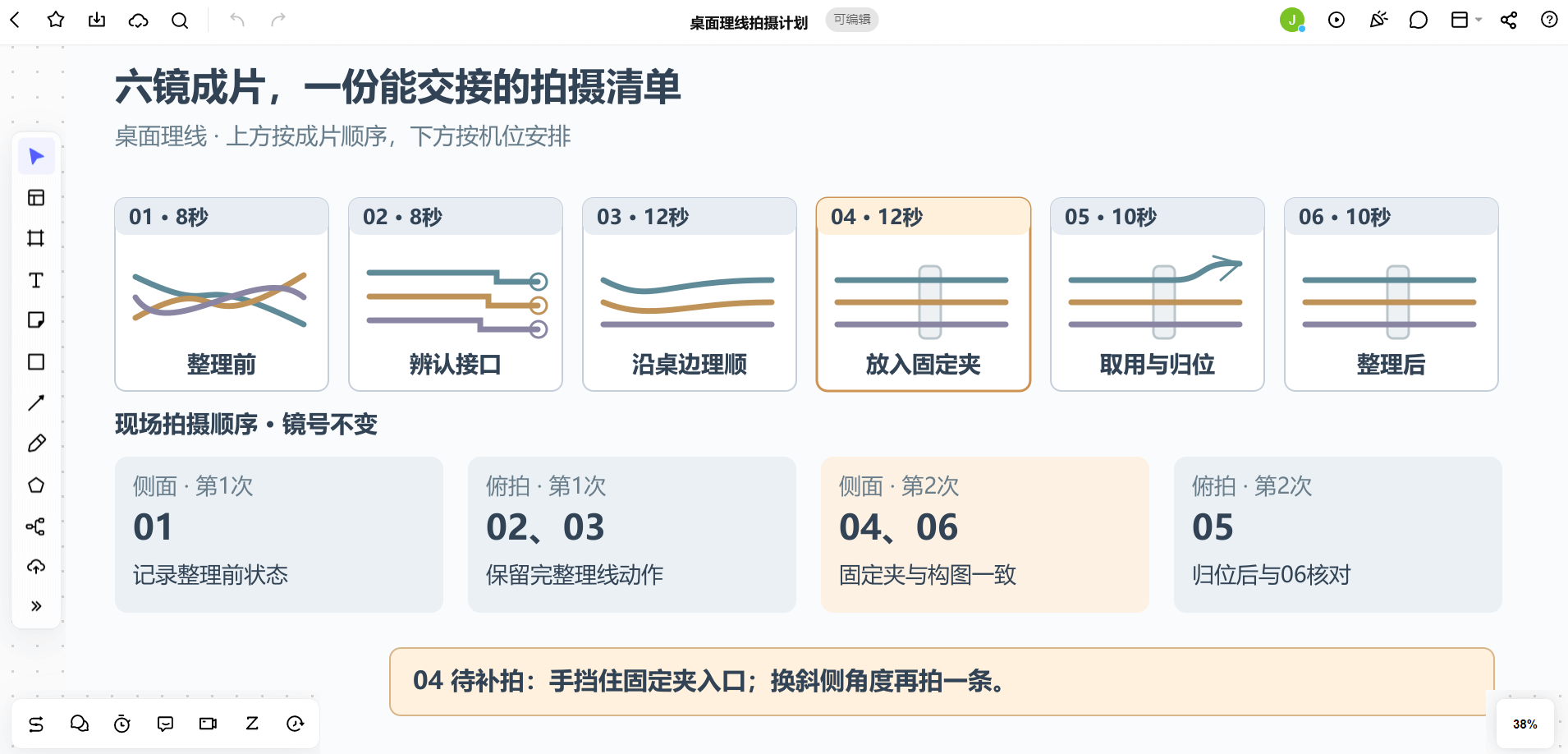 Boardmix六镜理线视频画布:成片顺序与现场机位分组,04镜入口遮挡待补拍