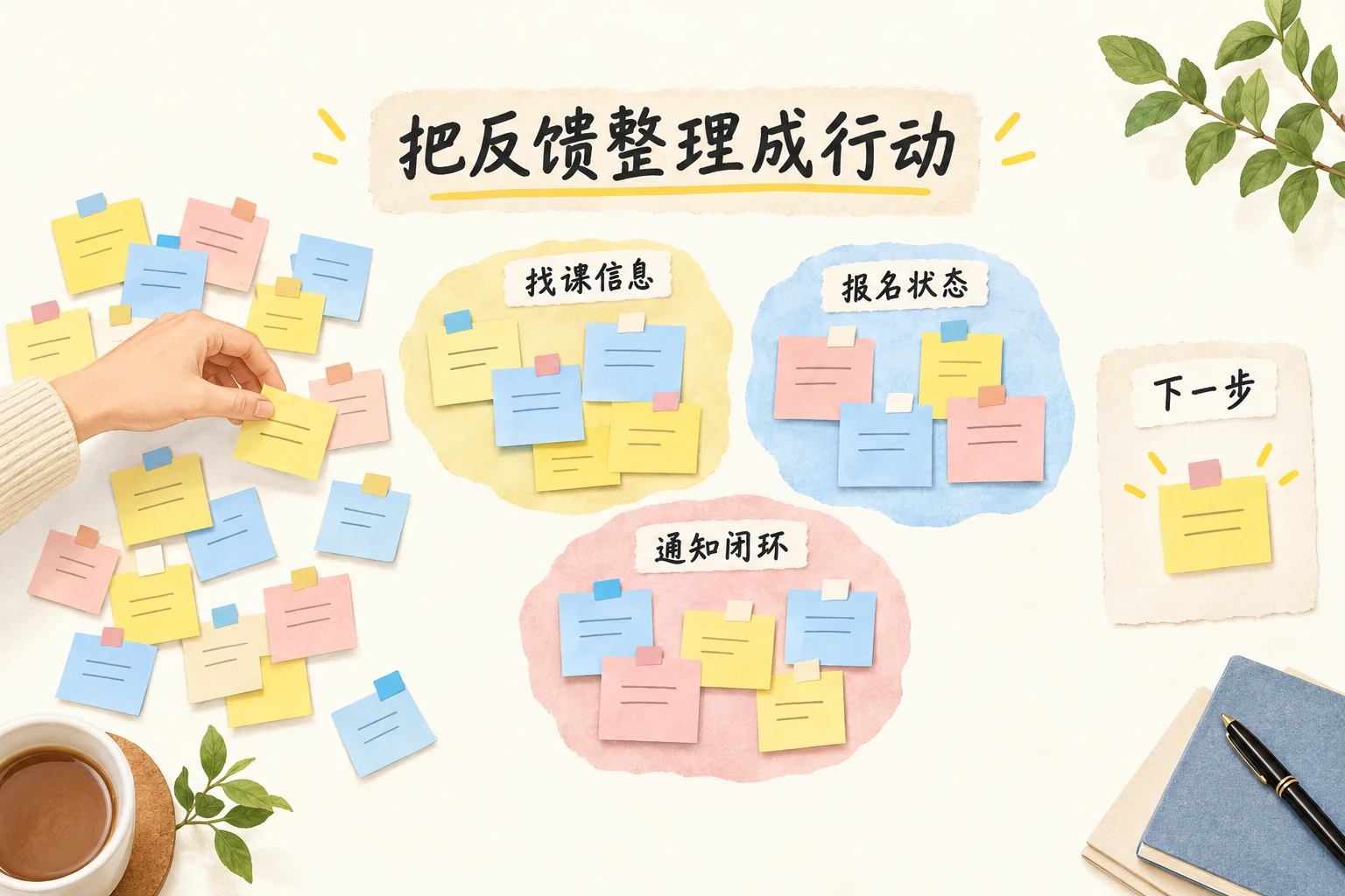 主持人把零散反馈便签整理成找课信息、报名状态和通知闭环三组,并准备下一步行动