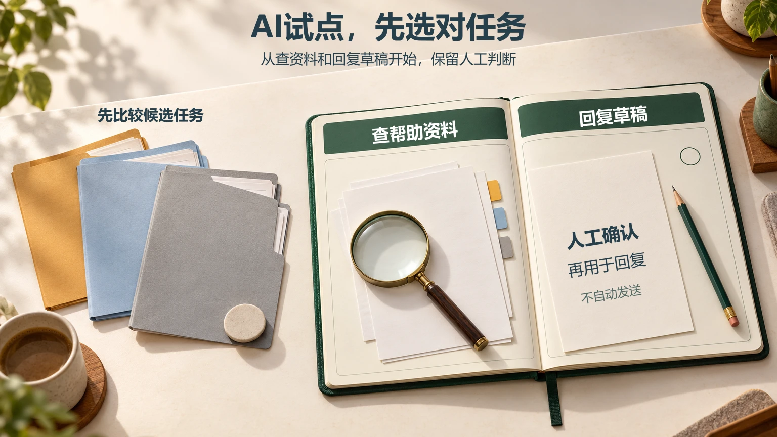 从候选业务任务中选出查帮助资料与回复草稿试点,打开的笔记本强调人工确认后再回复