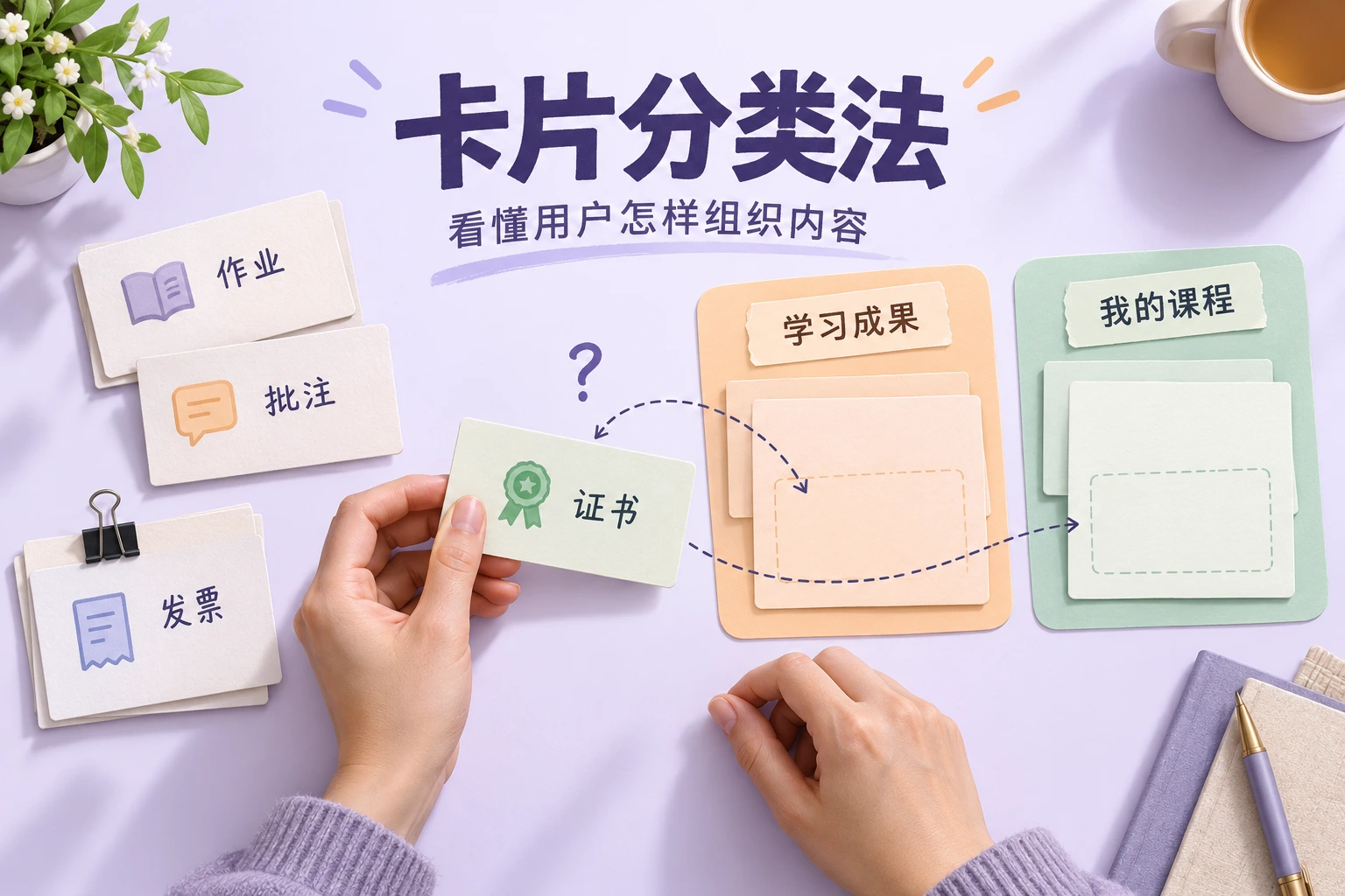 卡片分类法把课程帮助内容分组，保留结课证书在学习成果与我的课程之间的归属分歧