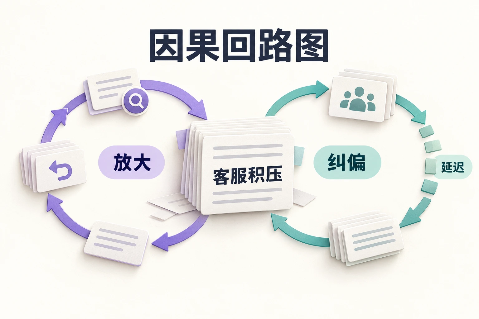 客服积压的因果回路图以两条反馈路径区分放大、纠偏与支援延迟