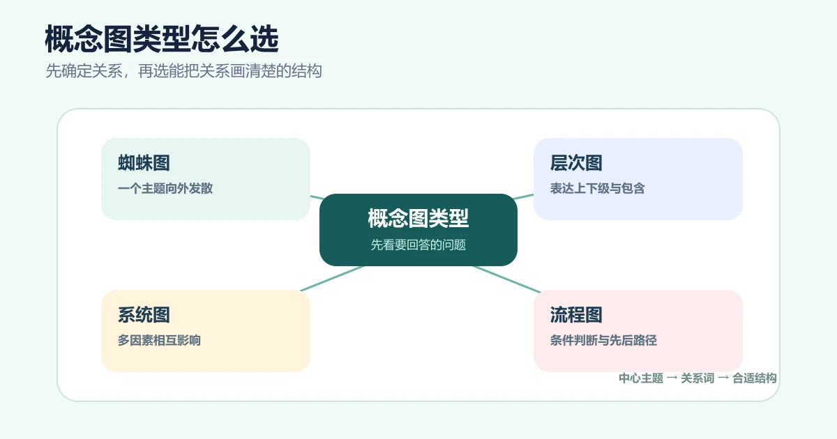 概念图的类型：蜘蛛图、层次图、系统图与流程图怎么选