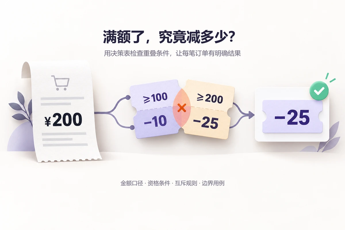 200元订单命中两档重叠条件,校正规则后得到25元的明确优惠结果
