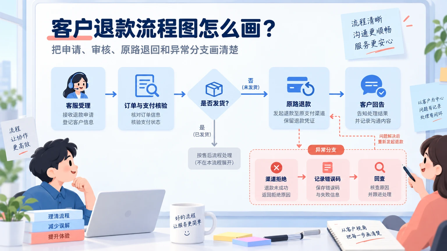 客户退款流程图：受理、支付核验、原路退款与异常回查