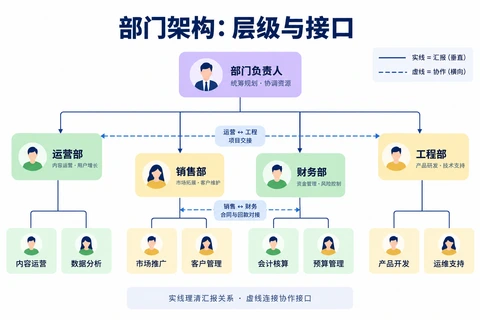 部门组织架构图模板：运营、销售、财务等结构示例