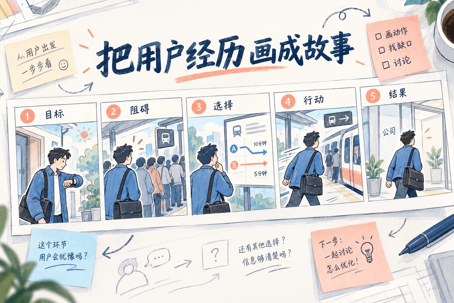 同一通勤者经历目标、排队阻碍、路线选择、行动和到达结果的五格故事板