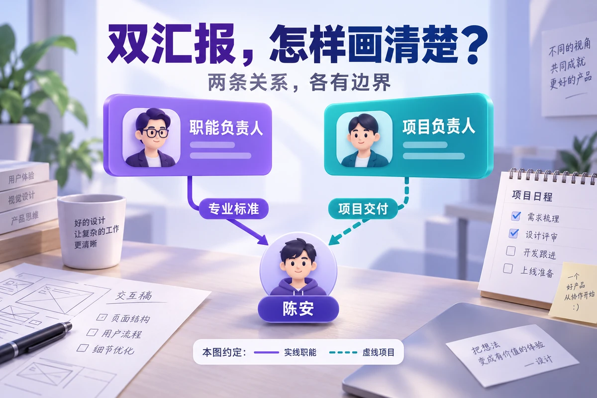 交互设计师陈安同时对接职能和项目负责人，两条关系各有专业标准与项目交付边界
