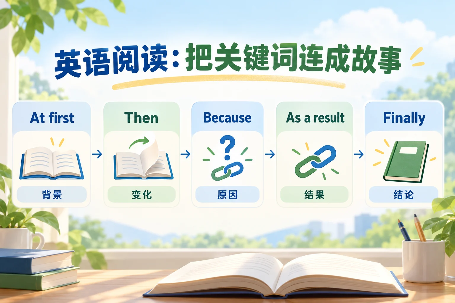 英语阅读思维导图复述模板:At first、Then、Because、As a result与Finally