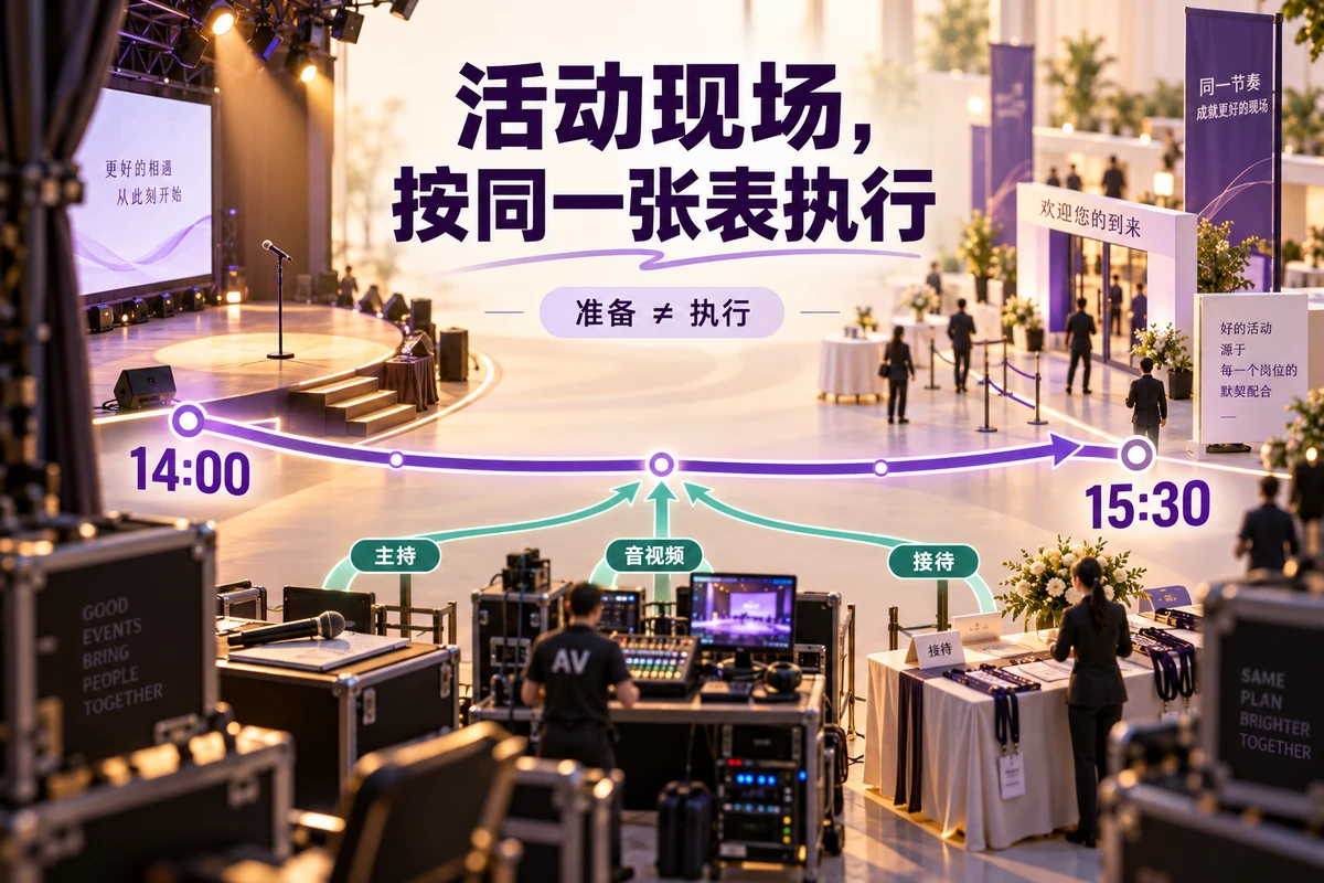 活动现场把发令、并行准备和岗位交接排成90分钟可执行时间表