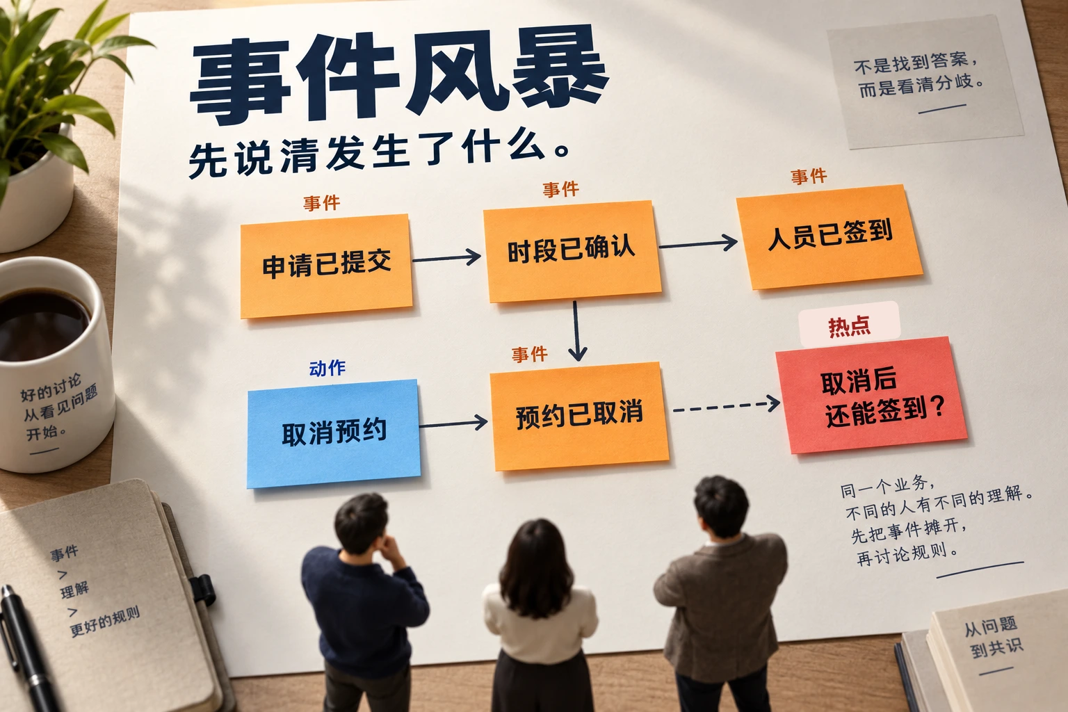会议室预约事件风暴把申请提交、时段确认与签到排成时间线，标出取消后的规则争议