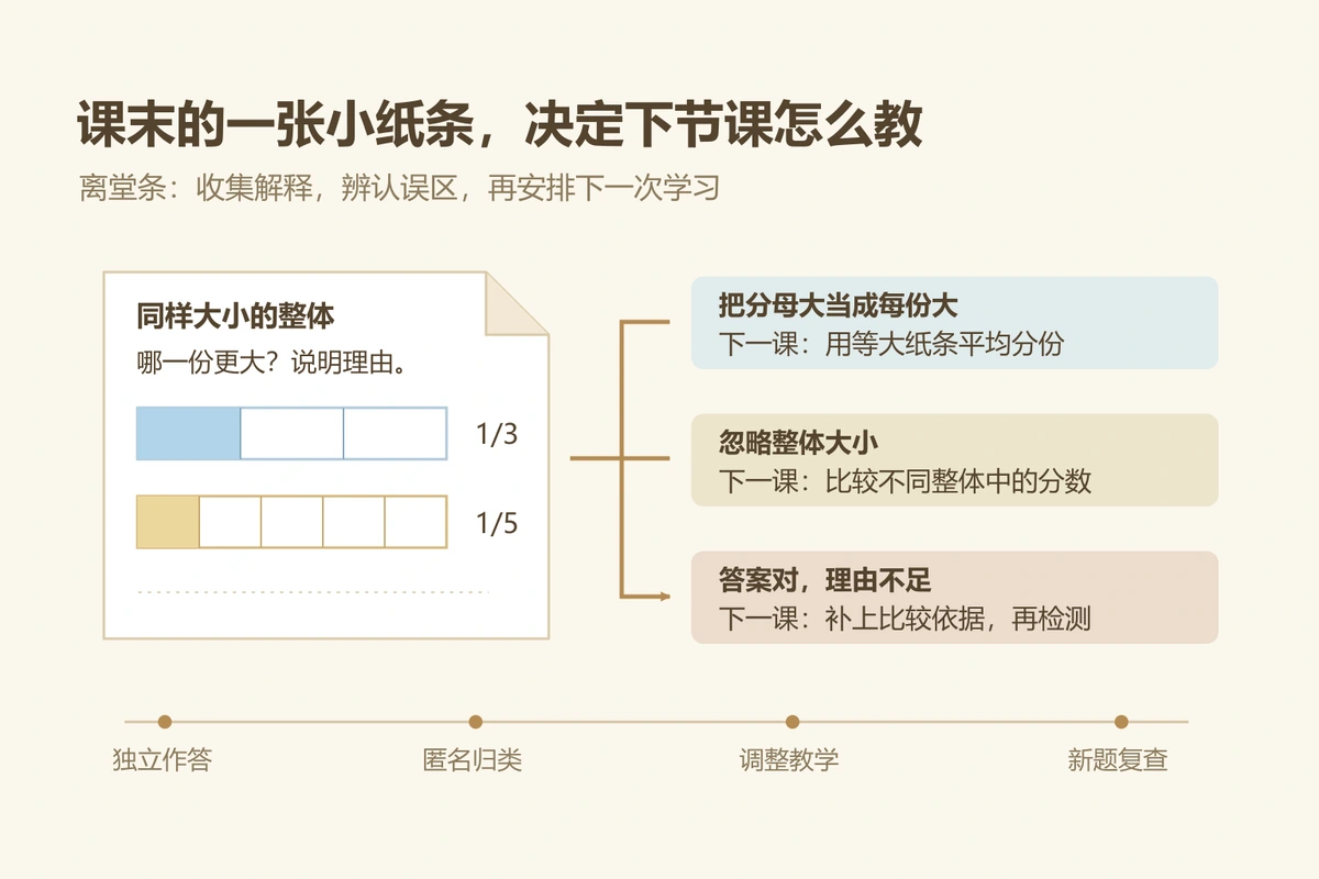 离堂条用等大纸条的三分之一和五分之一比较,辨认三类回答缺口并安排下一节课的教学动作