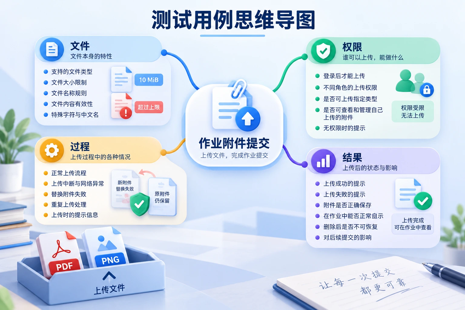 作业附件上传从文件、权限、过程与结果四个方向拆分测试范围