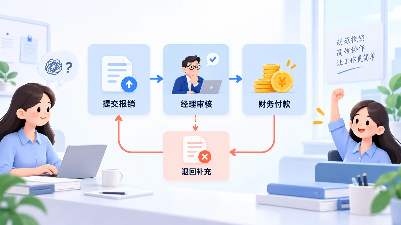 财务报销流程图：申请、审核、付款与退回分支