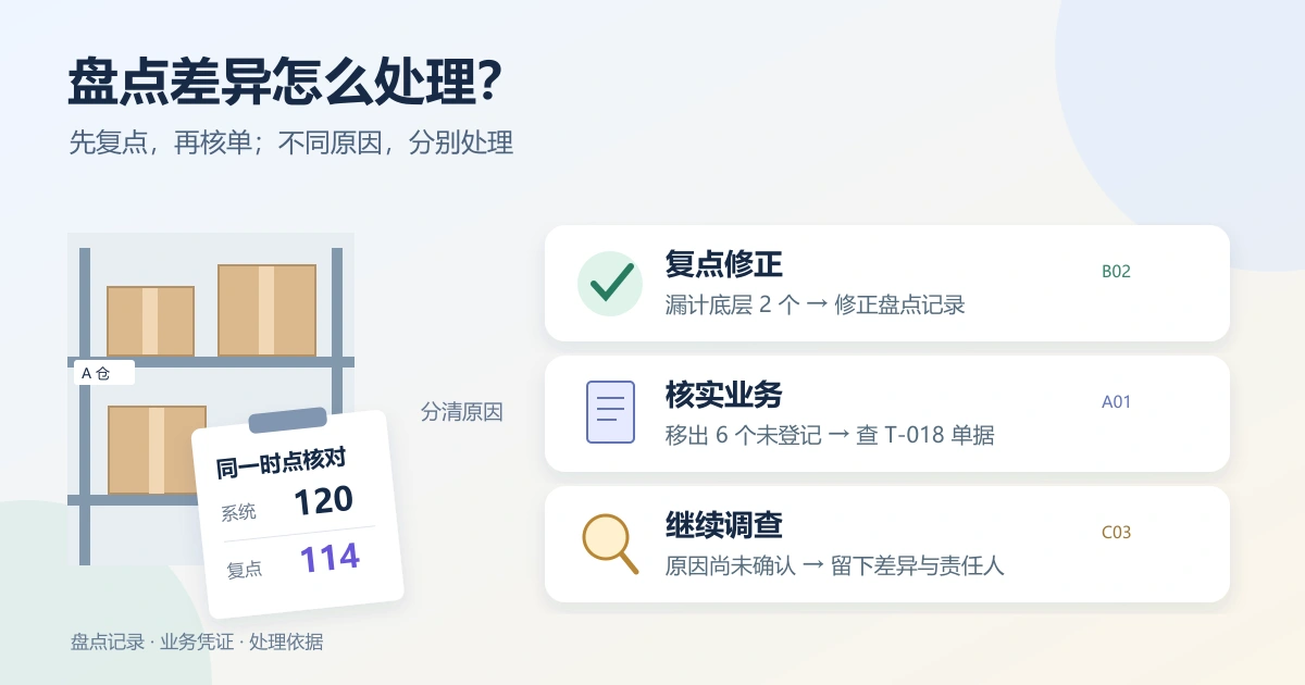 仓库盘点差异的三种处理方向:复点修正、核实业务和继续调查