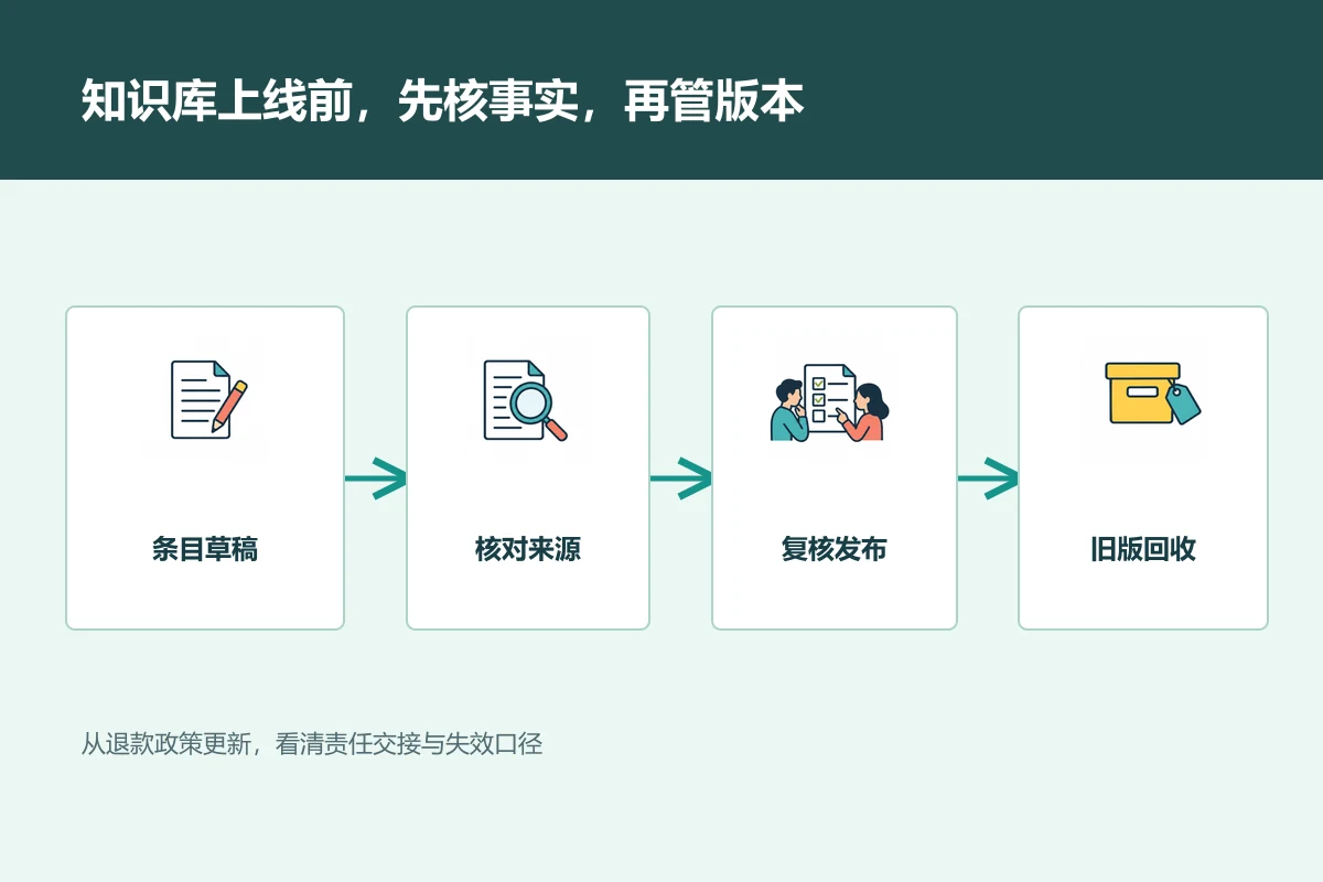 知识库文章从草稿经过来源核对、业务复核和版本发布,再回收过期口径