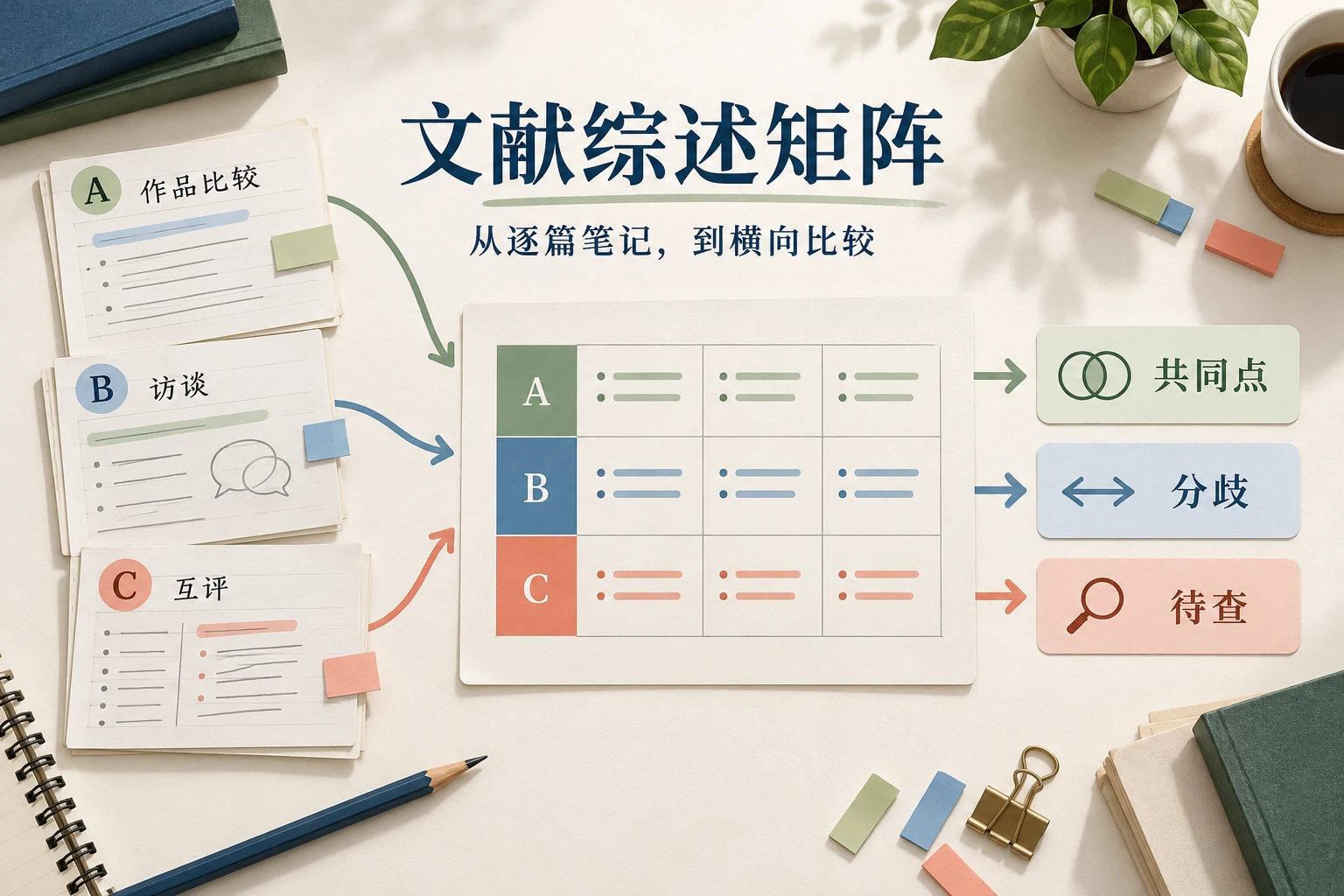 三份阅读笔记经文献综述矩阵比较，整理共同点、分歧与待查问题