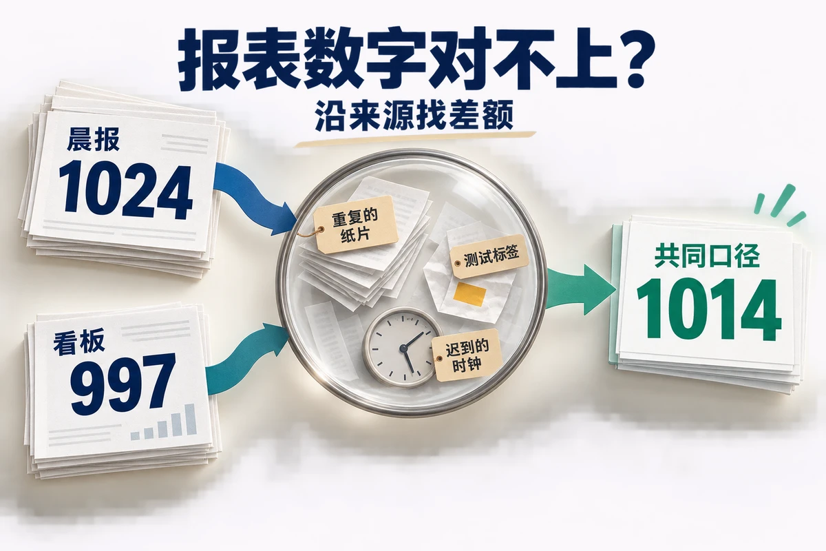 两张报表从不同数字回溯到同一正式订单口径，解释重复、测试和延迟差异