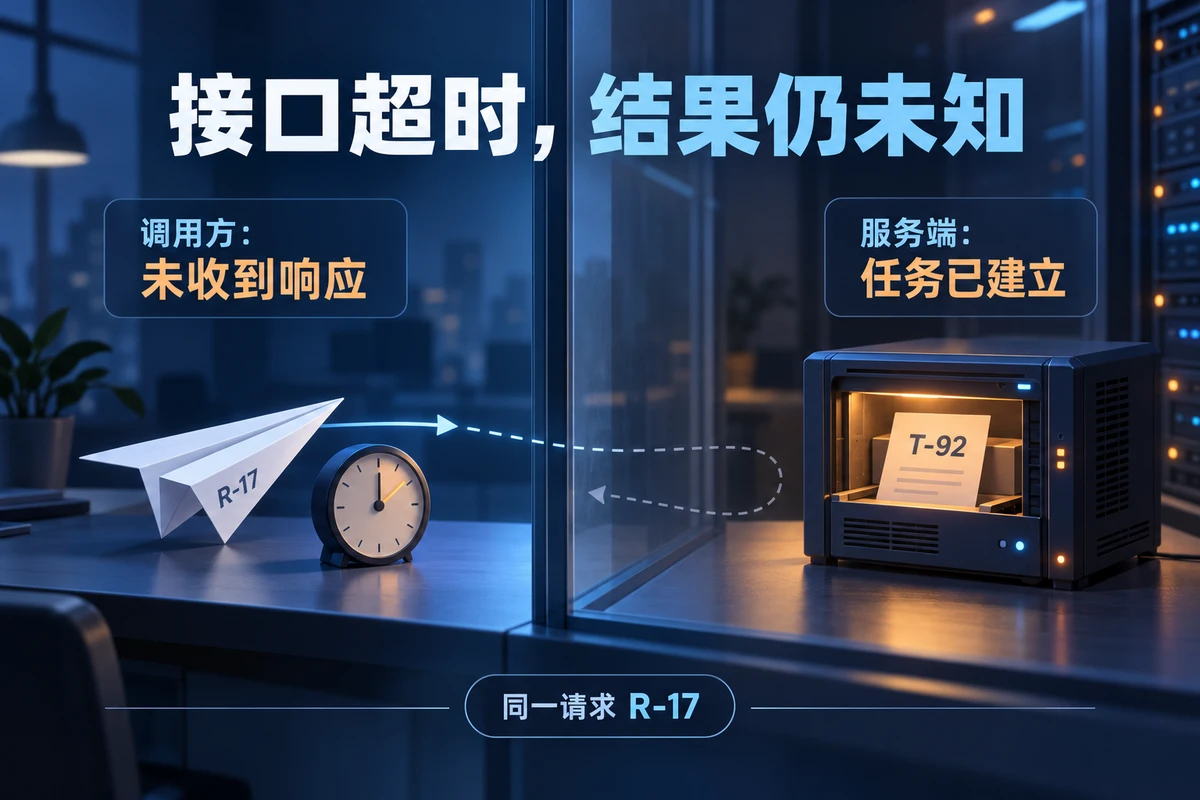 接口提交超时后保留requestId，查询原任务并处理重复回调，不把未知结果画成失败