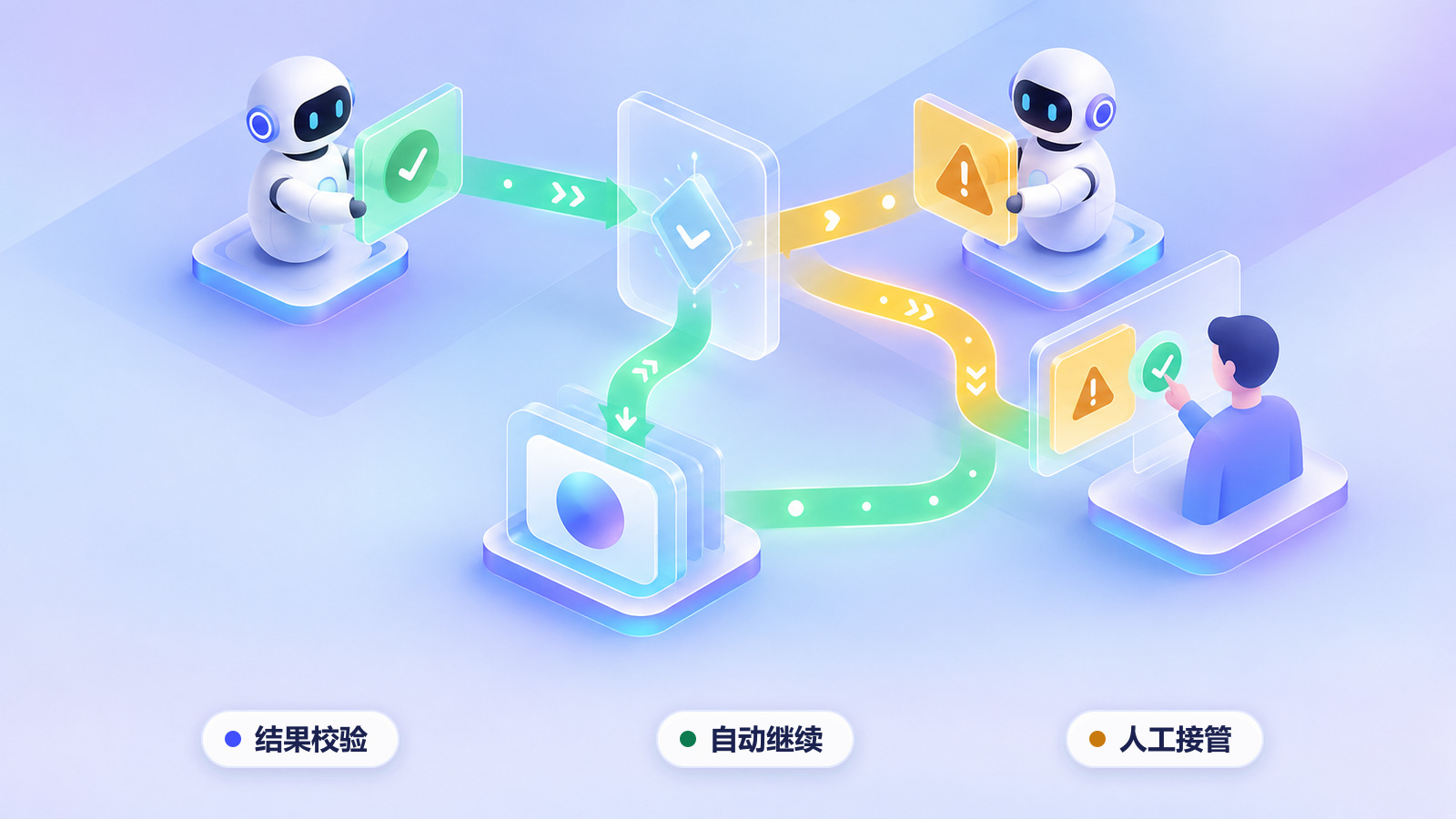 多Agent冲突处理流程示意图:结果校验后自动继续或交由人工接管
