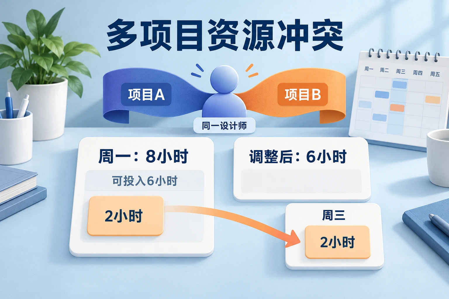 两个项目共用同一设计师,将周一超出的两小时任务调整到周三