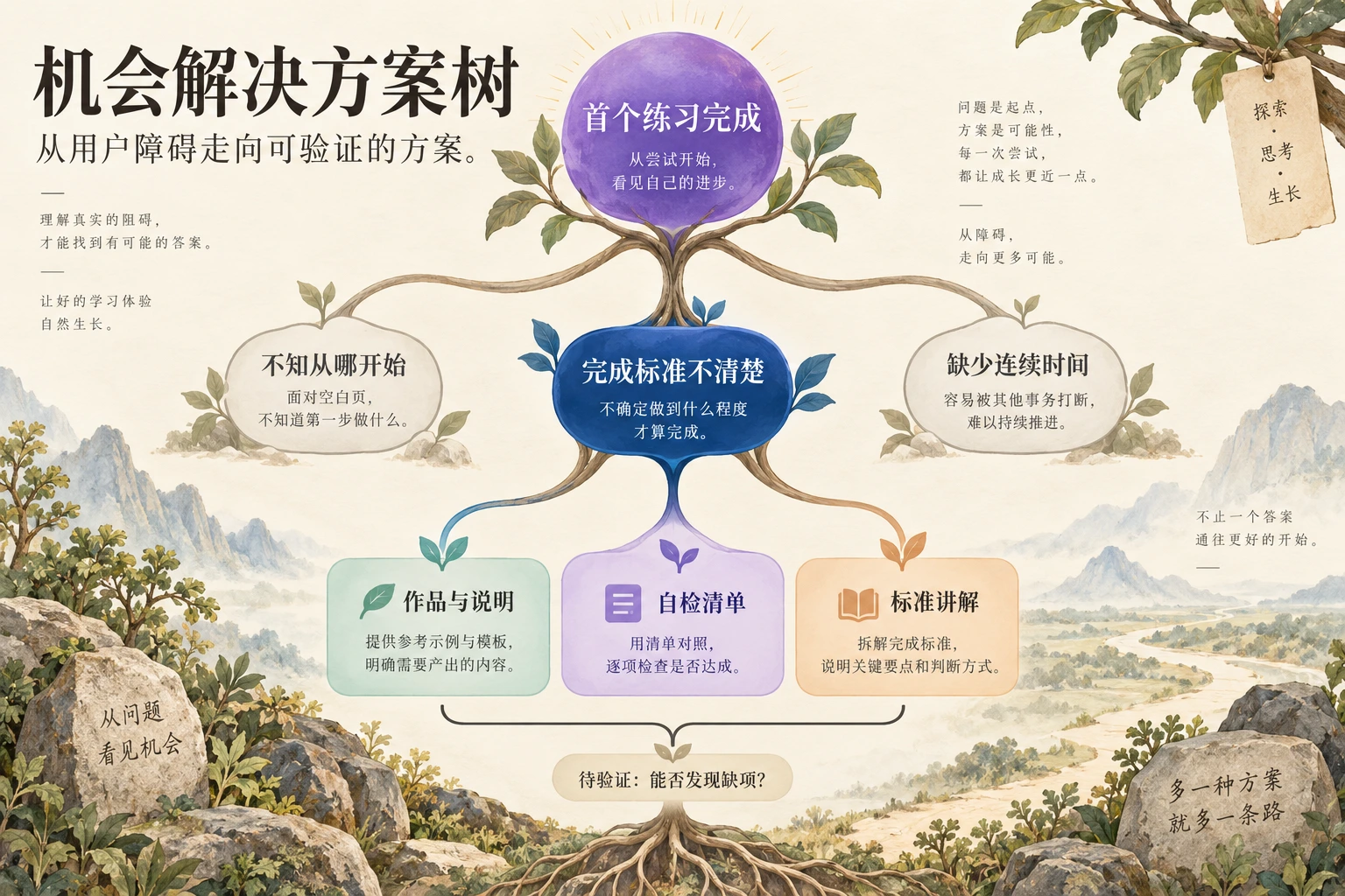 机会解决方案树从首个练习完成目标展开用户障碍，再比较作品说明、自检清单和标准讲解