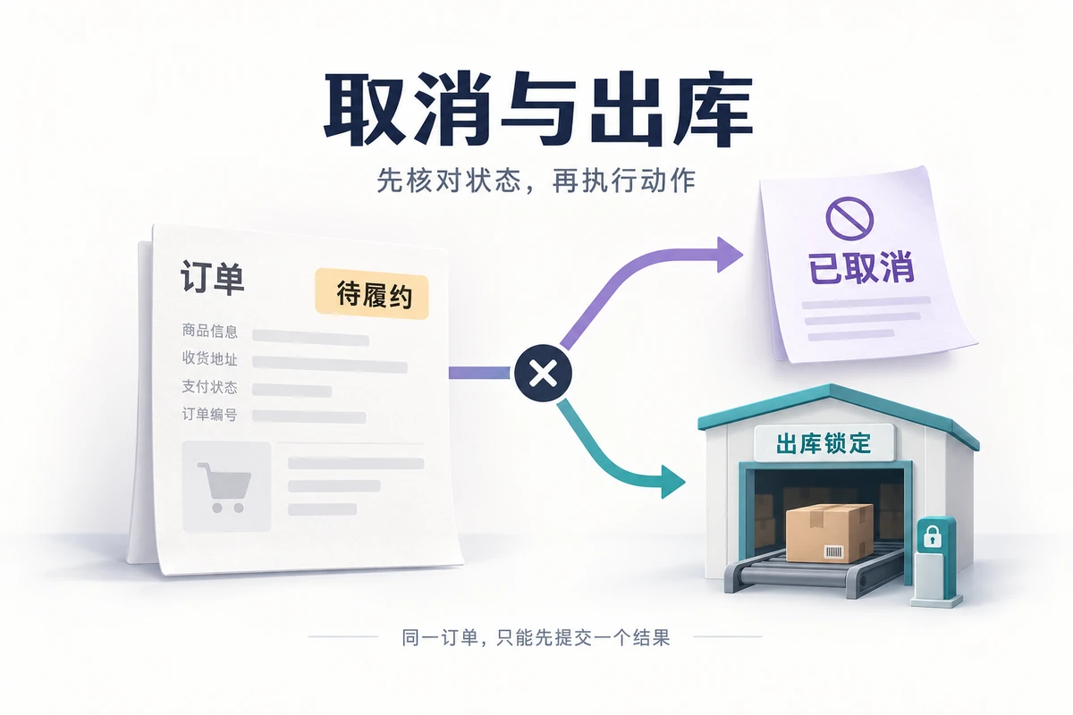 同一待履约订单分别通向已取消和出库锁定,两条操作先后提交的结果互斥