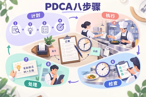 PDCA八大步骤流程图：四阶段对应关系与餐厅改进案例