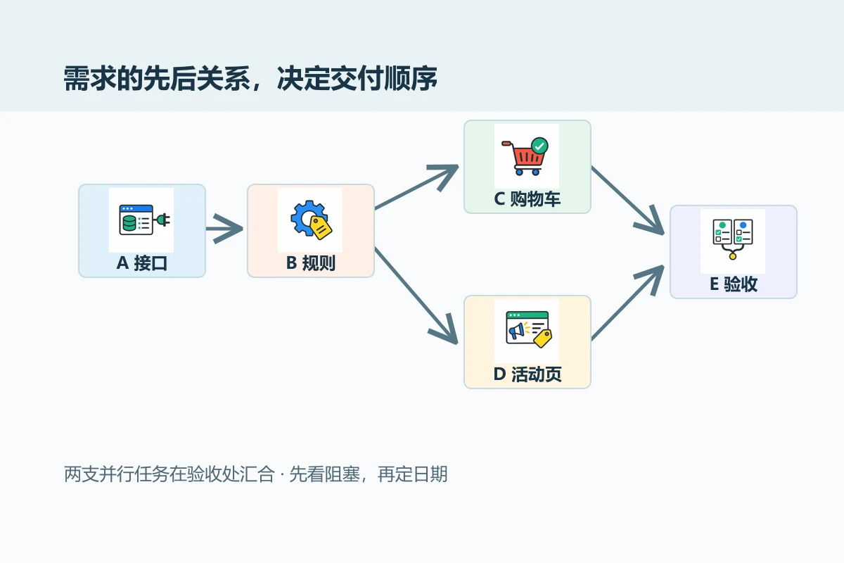 商品与购物车改版的五项需求从前置条件连接成两条并行路径