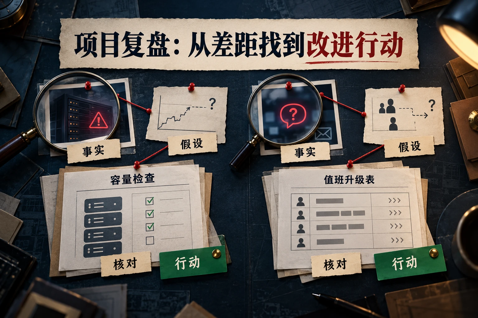 项目复盘把性能卡顿与响应等待分成两条证据线，分别核对容量检查和值班升级安排