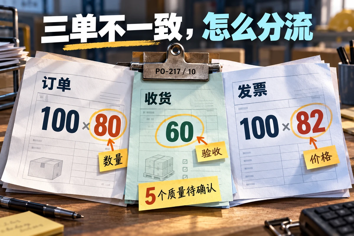 采购订单、收货和发票出现数量、价格与质量异常，分别回到证据核对