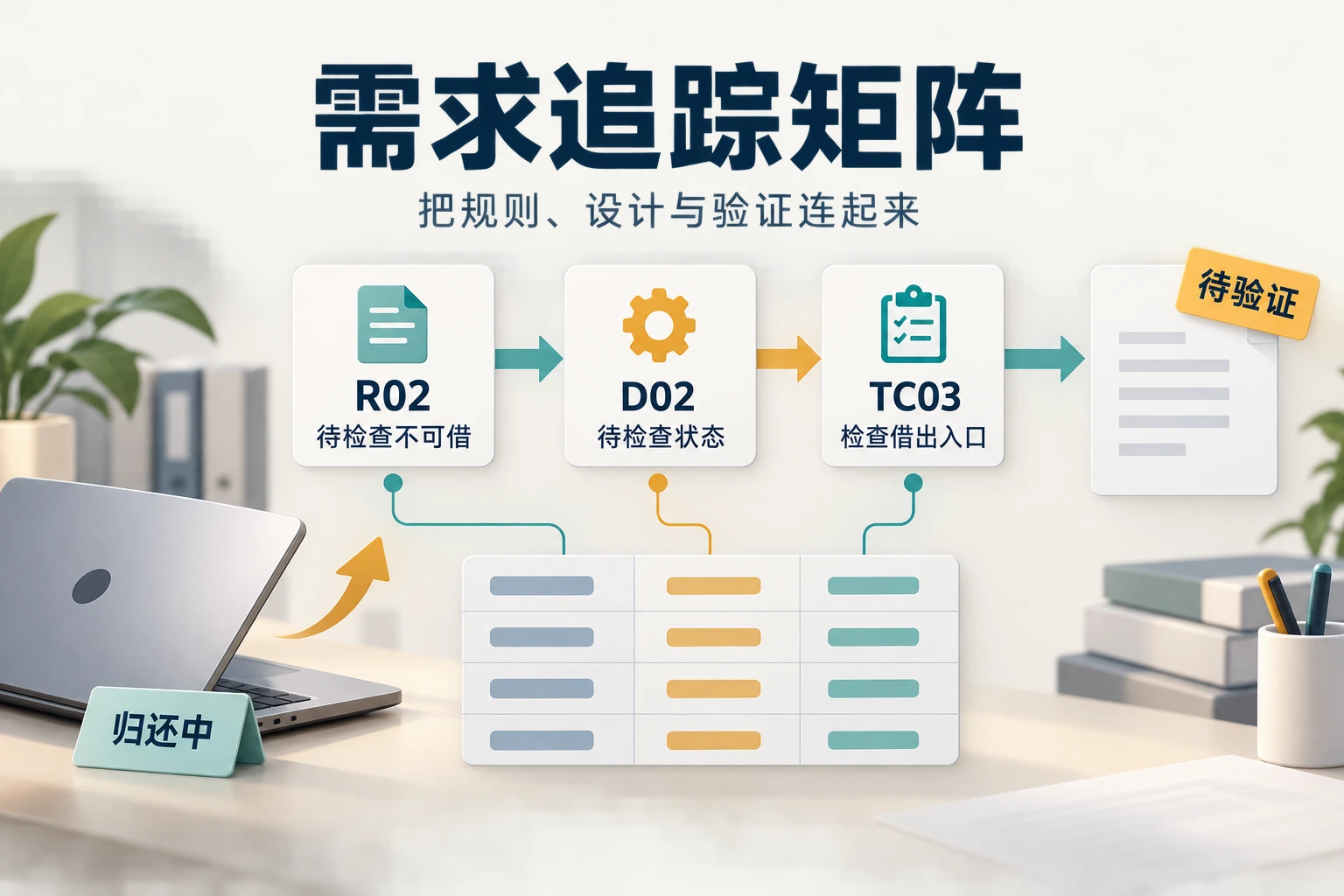设备归还需求R02连接到设计D02、测试TC03与待验证记录,形成需求追踪矩阵