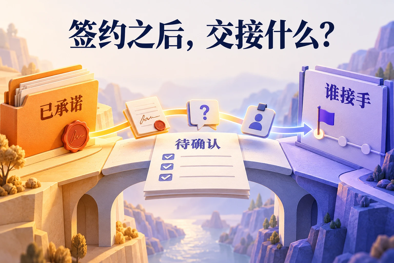 销售承诺通过交接资料连接到实施，区分已承诺、待确认和接手人