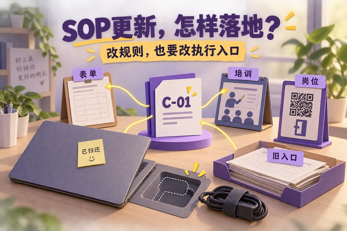 设备借用SOP更新同步表单、岗位、培训与旧入口，归还设备时还需核对配件
