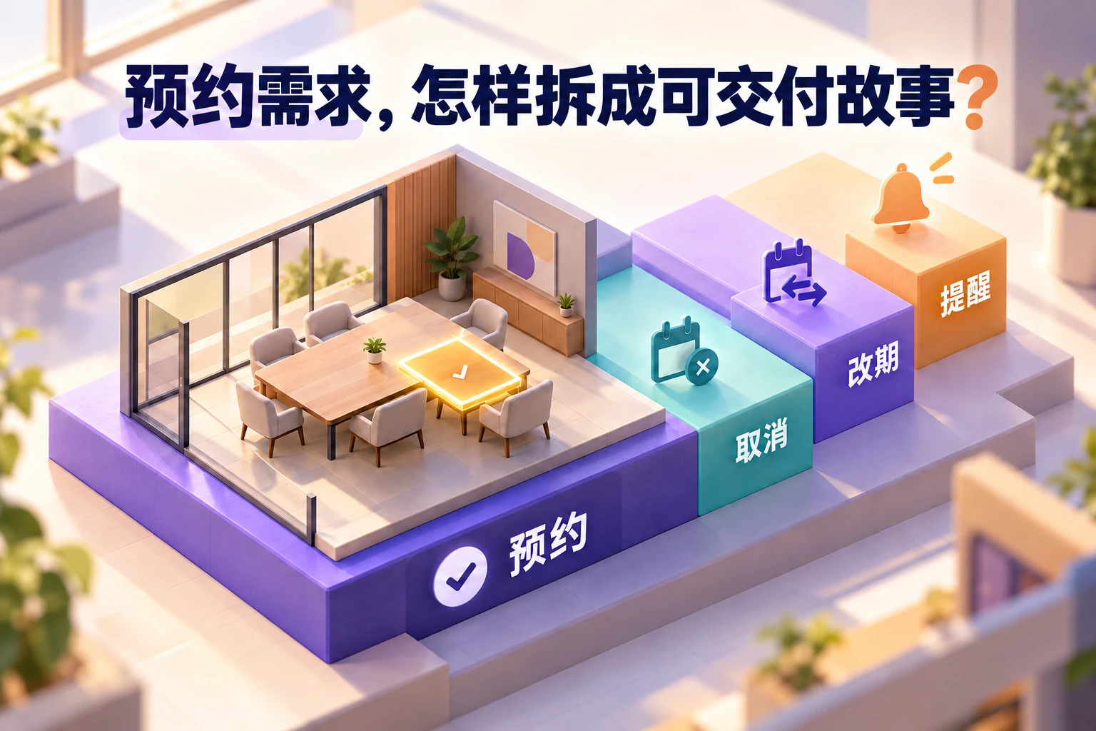 会议室预约作为完整基础，旁边分出取消、改期和提醒三个可交付能力