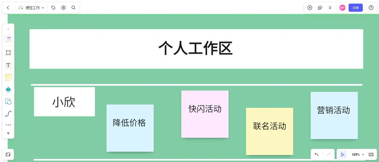 Boardmix真实便签工作区:用四张彩色便签分别记录促销想法