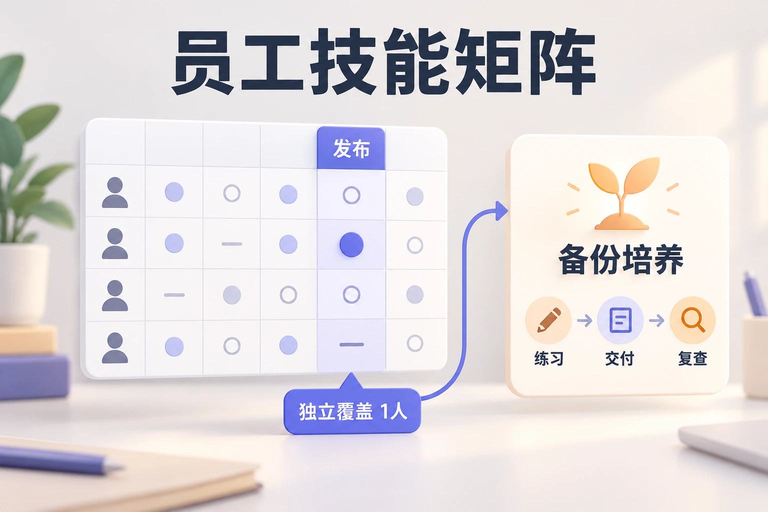 员工技能矩阵识别发布任务的单点依赖，并安排练习、独立交付与复查