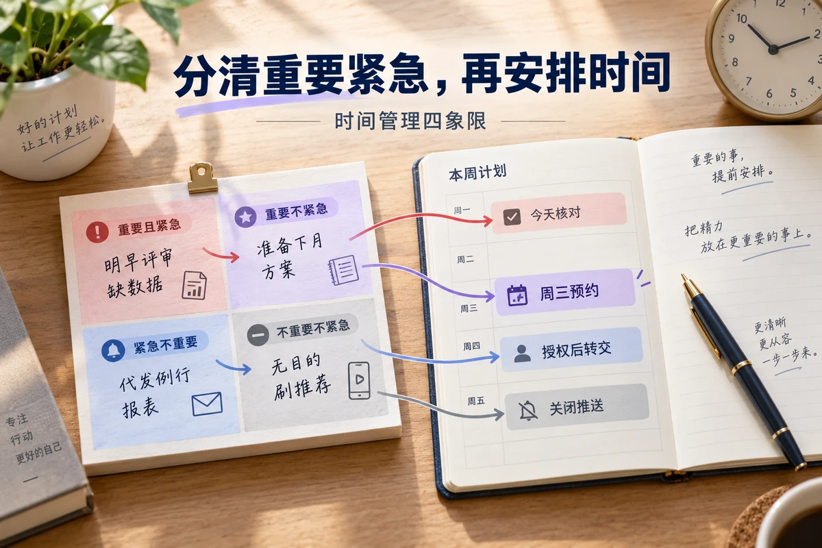 把重要紧急判断连接到今天处理、本周预约、协商转交和减少干扰四种行动