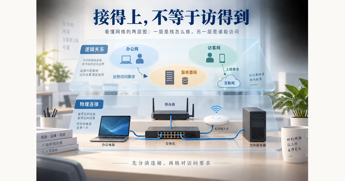 同一办公室的物理连接与逻辑访问要求:交换机连接网关和终端,办公网访问文件服务、访客网访问互联网仍需核对配置。