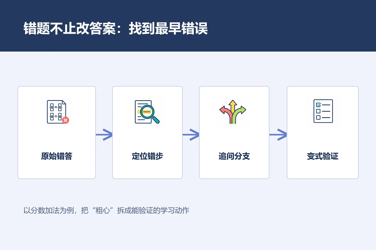 一题错答经过最早错误定位、追问和变式验证后分流到不同补练