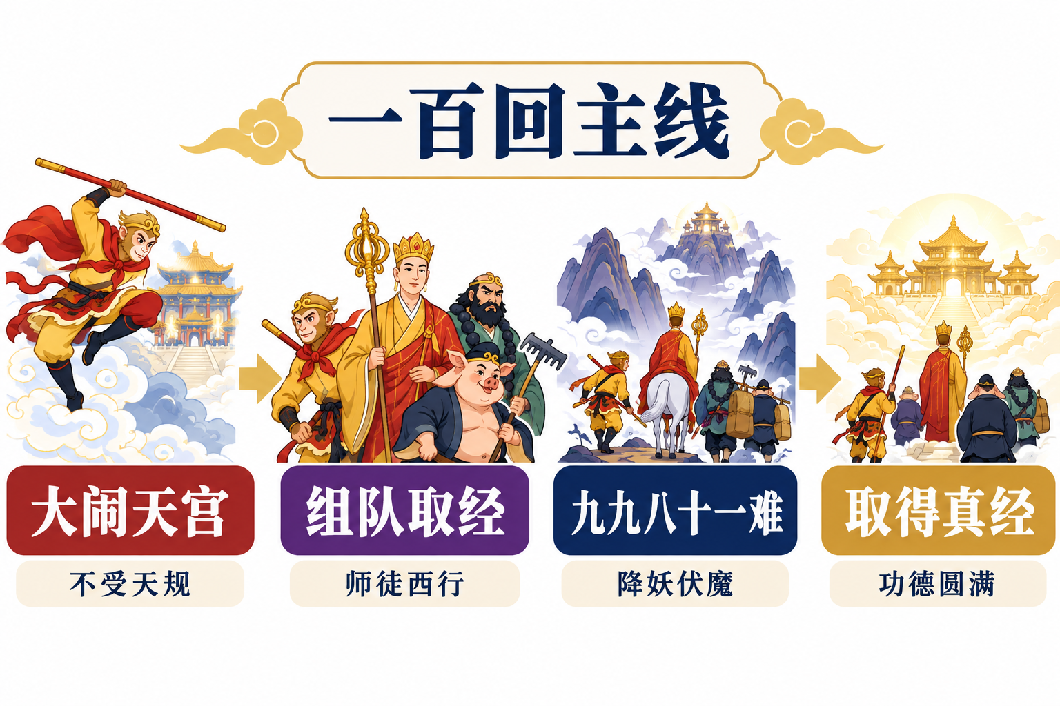 西游记一百回主线梳理图：大闹天宫、组队取经、九九八十一难与取得真经