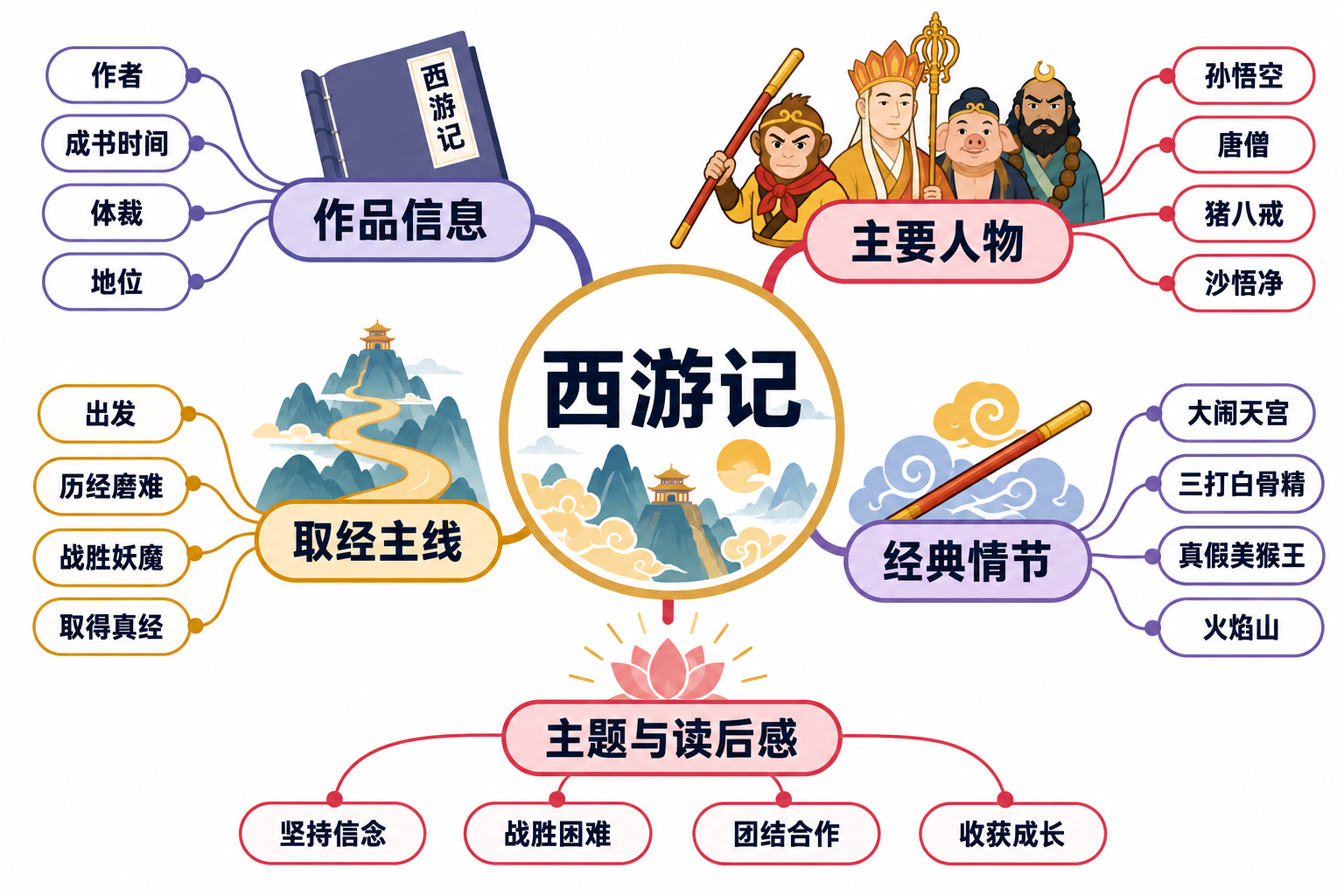 西游记全书框架思维导图：作品信息、主要人物、取经主线、经典情节与主题